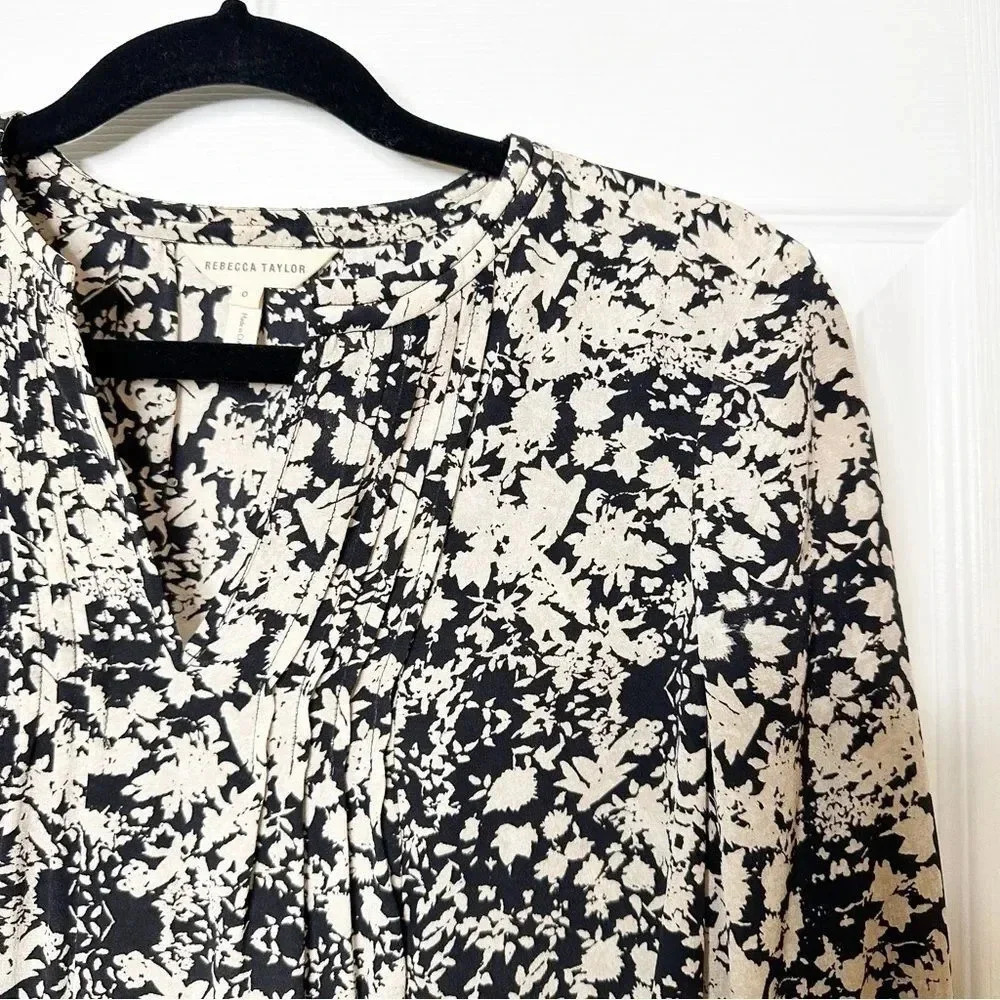 REBECCA TAYLOR 100% Silk Cream Black‎ Floral Print Blouse Peplum Size 0 - Picture 2 of 8